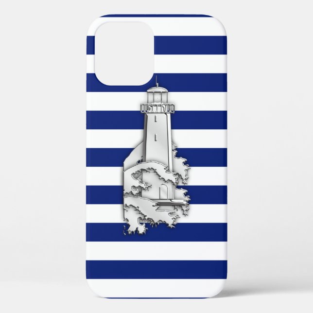 Nautical Chrome Lighthouse on Navy Stripes Print Case-Mate iPhone Case (Back)