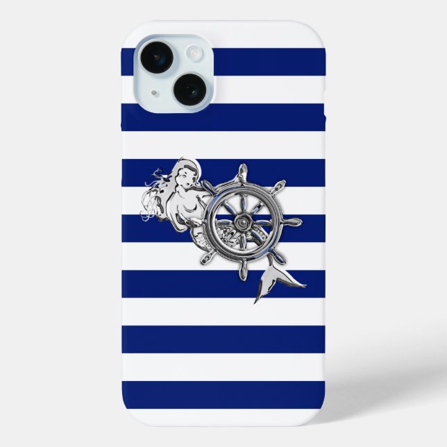 Nautical Chrome Mermaid on Navy Stripes Print Case-Mate iPhone Case (Back)