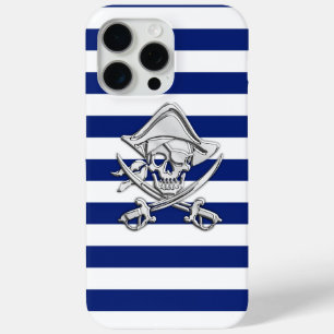 Nautical Chrome Pirate on Navy Stripes Print iPhone 15 Pro Max Case