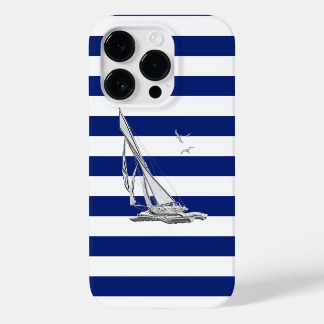 Nautical Chrome Sail Boat on Navy Stripes Print Case-Mate iPhone Case (Back)
