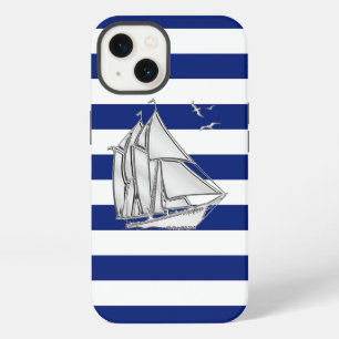 Nautical Chrome Sail Boat on Navy Stripes Print iPhone 13 Case