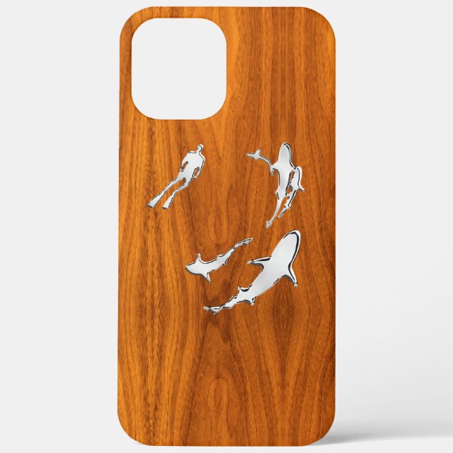 Nautical Chrome Sharks on Teak Wood Print Case-Mate iPhone Case (Back)