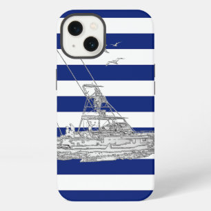 Nautical Chrome Sport Fishin on Navy Stripes Print iPhone 13 Case