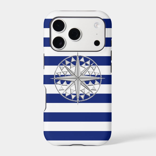 Nautical Chrome Star Compass on Navy Stripes Print (Back)