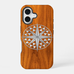 Nautical Chrome Star Compass on Teak Wood Print iPhone 16 Case