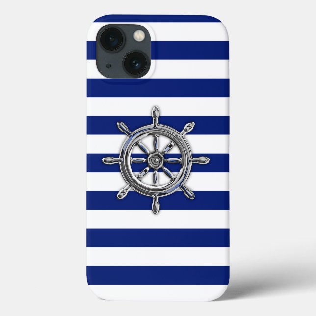 Nautical Chrome Wheel on Navy Stripes Print Case-Mate iPhone Case (Back)