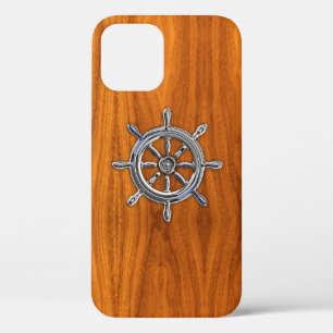 Nautical Chrome Wheel on Teak Wood Print iPhone 12 Pro Case