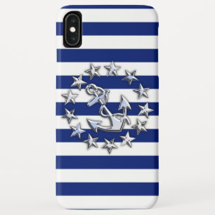 Nautical Chrome Yacht Flag on Navy Stripes Print iPhone XS Max Case