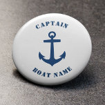 Nautical Classic Anchor Captain Boat Name Navy 6 Cm Round Badge<br><div class="desc">Navy Blue Classic Nautical Anchor and Your Personalized Boat Name and Customizable Captain Rank Button.</div>