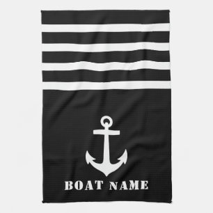 Nautical Classic Anchor Your Boat Name Black White Tea Towel
