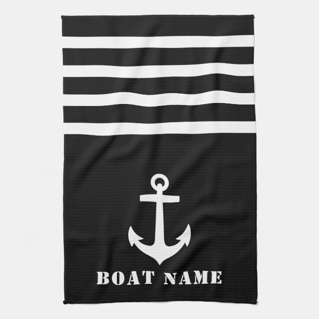 Nautical Classic Anchor Your Boat Name Black White Tea Towel (Vertical)
