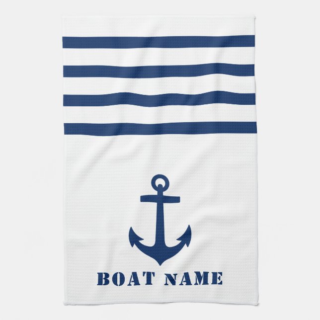 Nautical Classic Anchor Your Boat Name Blue Stripe Tea Towel (Vertical)