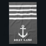 Nautical Classic Anchor Your Boat Name Grey White Tea Towel<br><div class="desc">Custom Nautical Classic Anchor with Your Personalised Boat Name on a Stylish Grey Kitchen Towel with White stripes.</div>