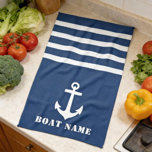 Nautical Classic Anchor Your Boat Name Navy Blue Tea Towel