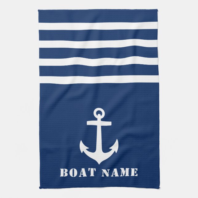 Nautical Classic Anchor Your Boat Name Navy Blue Tea Towel (Vertical)