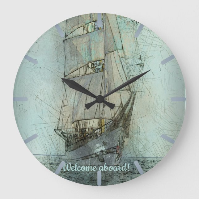 Nautical Classic Ship (Blue) Large Clock (Front)