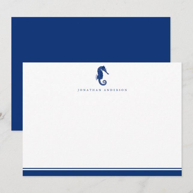 Nautical Coast Navy Seahorse Note Card (Front/Back)
