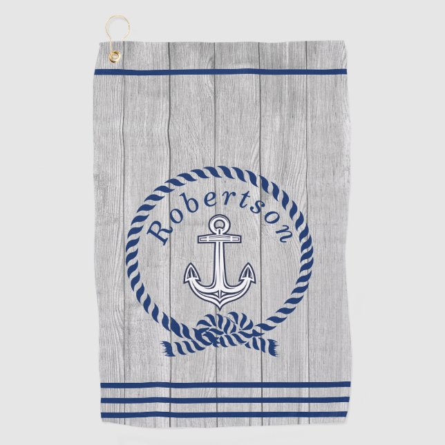 Nautical Coastal Anchor Name Navy Blue  Golf Towel (Front)