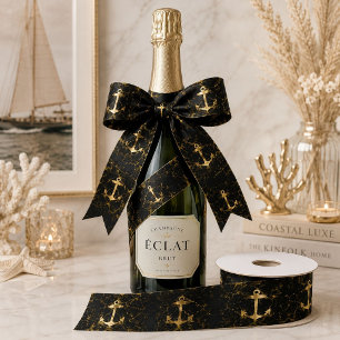 Nautical Coastal Beach Black Marble Golden Anchor  Satin Ribbon