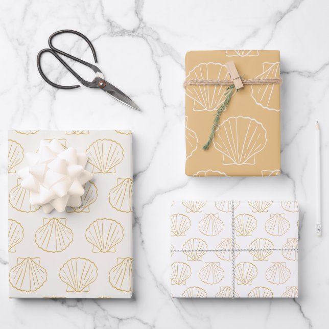 Nautical Coastal Beach Chic Gold Seashell Shell Wrapping Paper Sheet (Front)