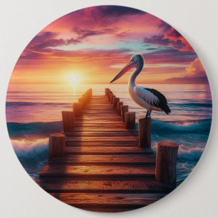 Nautical/coastal/beach pelican sunset  6 cm round badge