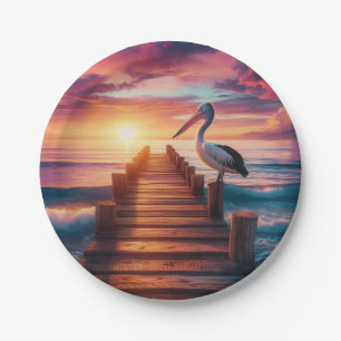 Nautical/coastal/beach pelican sunset paper plate