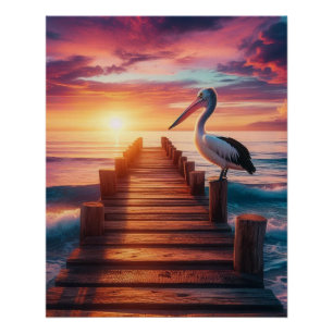 Nautical/coastal/beach pelican sunset poster
