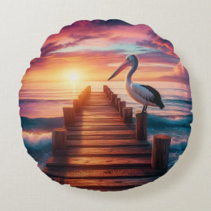 Nautical/coastal/beach pelican sunset round cushion