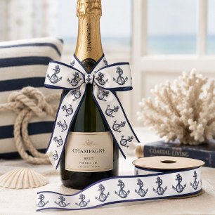 Nautical Coastal Beach Seaside Navy Blue Anchor Satin Ribbon