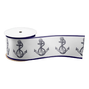 Nautical Coastal  Beach Seaside Navy Blue Anchor  Satin Ribbon