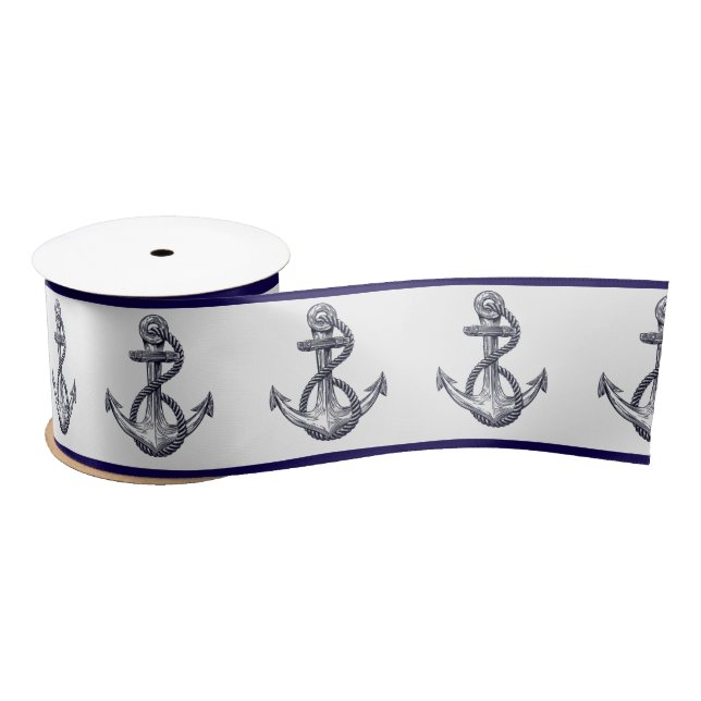 Nautical Coastal  Beach Seaside Navy Blue Anchor  Satin Ribbon (Spool)