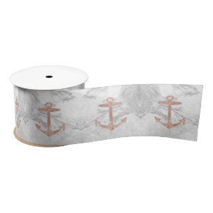 Nautical Coastal Beach White Marble Beige Anchor  Satin Ribbon