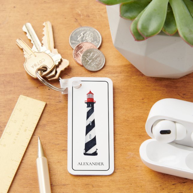Nautical Coastal Black and White Lighthouse Key Ring (Desk)