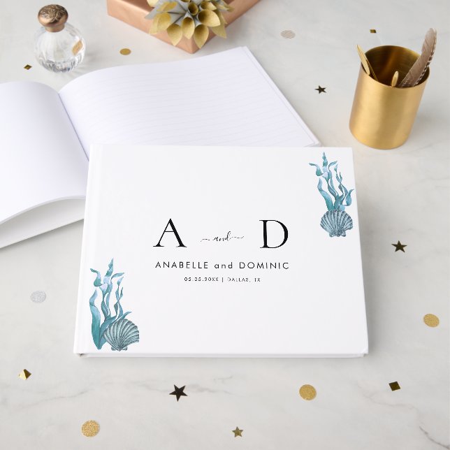 Nautical Coastal Blue Seashell Wedding Monogram Guest Book (Front Open)