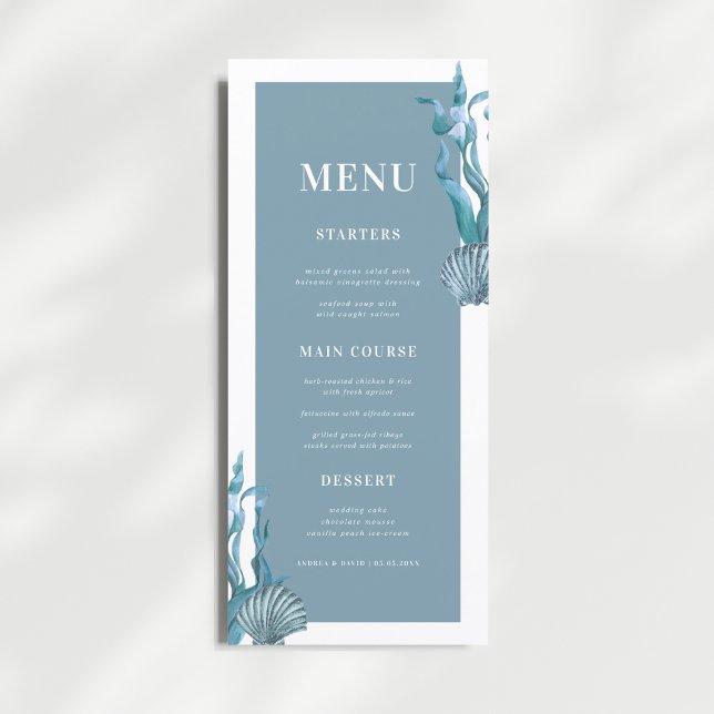 Nautical Coastal Blue Shell Beach Theme Wedding Menu (Creator Uploaded)