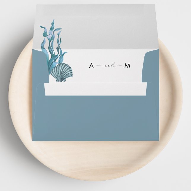 Nautical Coastal Blue Shell Monogram Wedding Envelope (Creator Uploaded)
