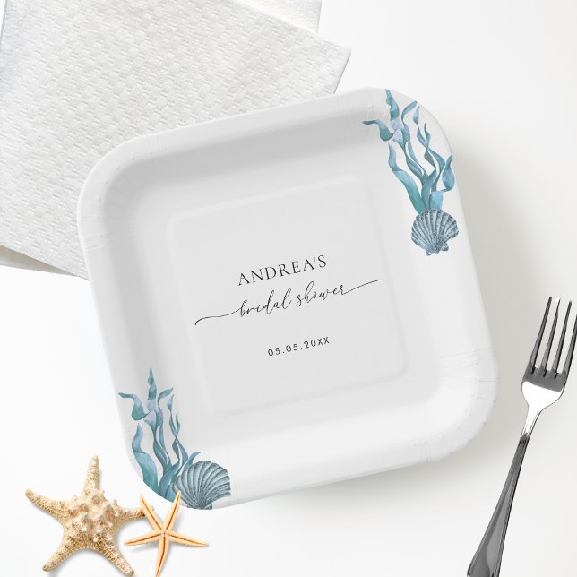 Nautical Coastal Blue Shell Summer Bridal Shower Paper Plate (Creator Uploaded)