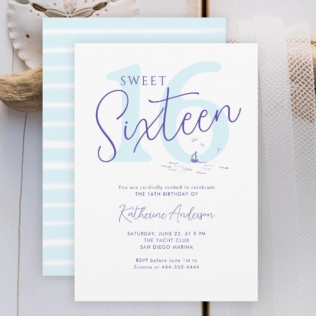 Nautical Coastal Boat Ocean Modern Stripe Sweet 16 Invitation (sweet sixteen invitation her coastal nautical boat yacht beach waterfront ocean marina stripes)