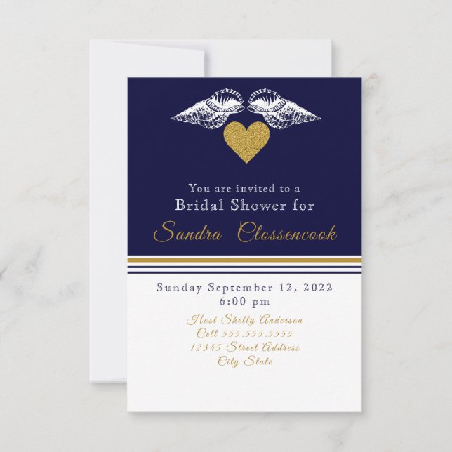 Nautical Coastal Bridal Shower Navy Blue Shells Invitation (Front)