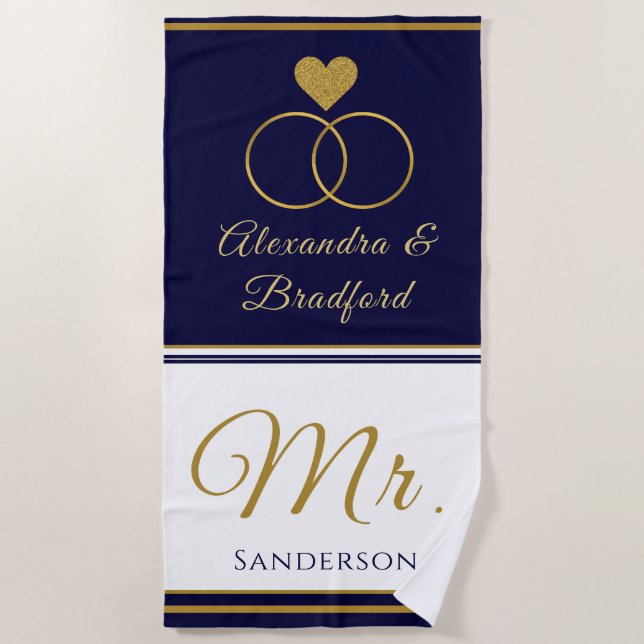 Nautical Coastal Couple Mr.Wedding navy blue gold  Beach Towel (Front)