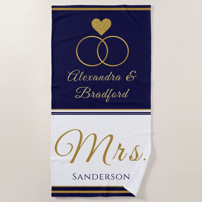 Nautical Coastal Couple Mrs.Wedding navy blue gold Beach Towel (Front)