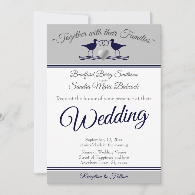 Nautical Coastal Grey White  Navy Blue Sandpiper   Invitation (Front)