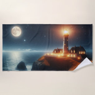 Nautical/coastal lighthouse at night with moon beach towel