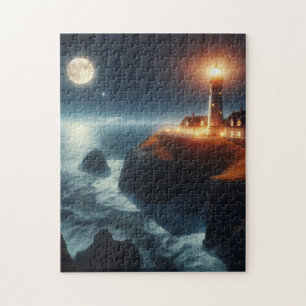 Nautical/coastal lighthouse at night with moon jigsaw puzzle