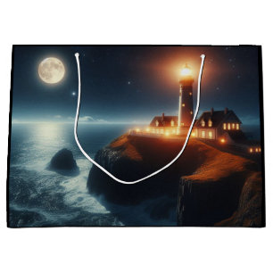 Nautical/coastal lighthouse at night with moon large gift bag