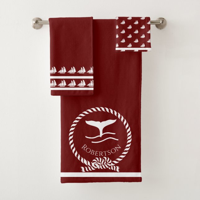 Nautical coastal name  Sailboat Whale  Maroon red  Bath Towel Set (Insitu)
