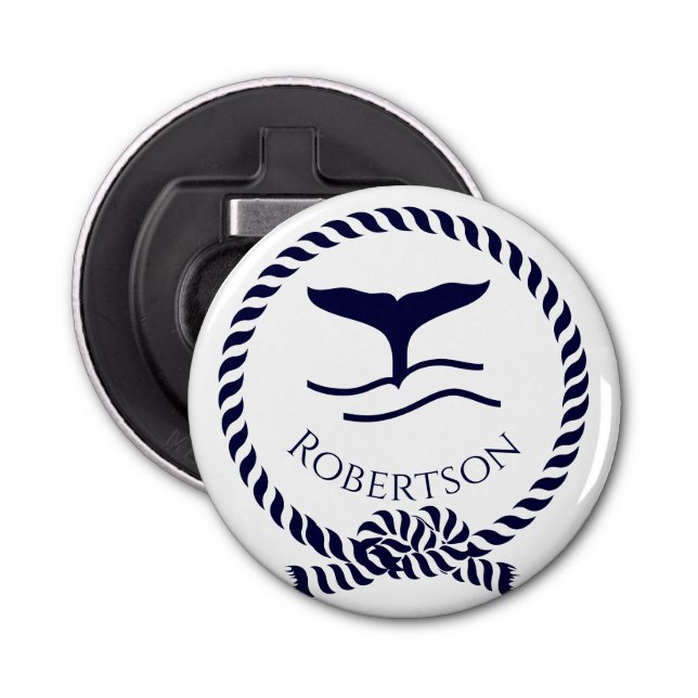 Nautical coastal name  Sailboat Whale  Navy Blue  Bottle Opener (Front)