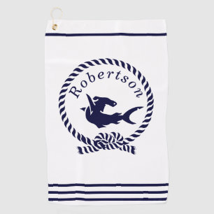 Nautical coastal name Shark Navy Blue Golf Towel