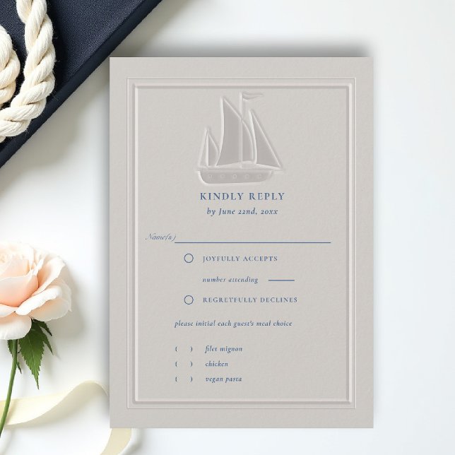 Nautical Coastal Sailboat Formal Wedding RSVP (coastal wedding rsvp card formal traditional double frame modern classic ivory sailboat yacht)
