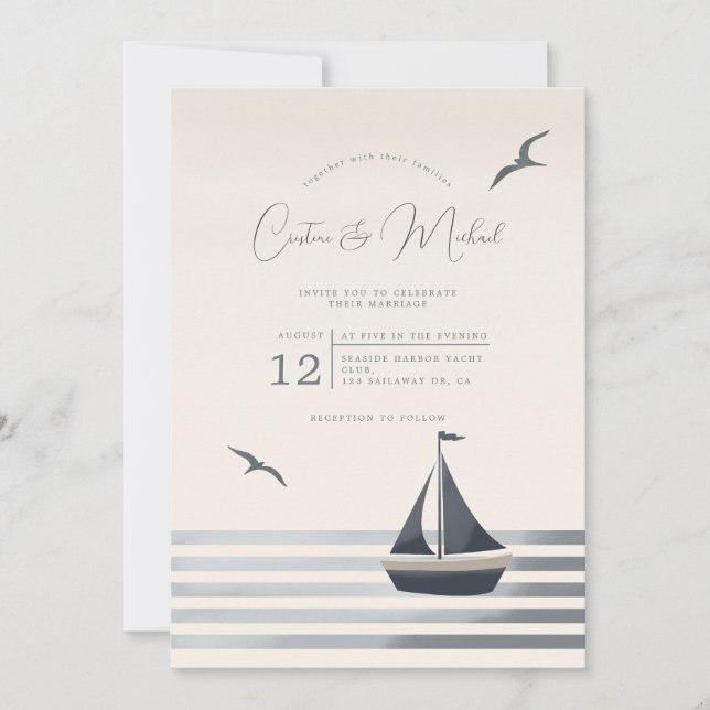 Nautical coastal sailboat wedding invitation (Front)